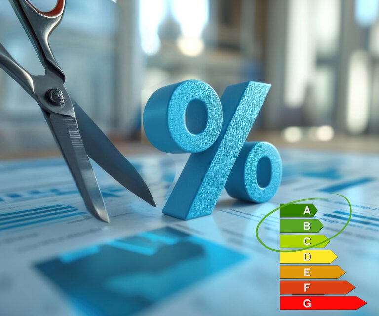 Scissors cutting percentage symbol beside energy efficiency chart, symbolizing lender rate adjustments for EPC targets