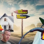 Signpost showing EPC and EV targets with a house energy rating and an electric car charging.