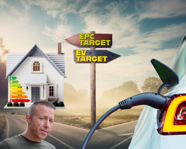 Signpost showing EPC and EV targets with a house energy rating and an electric car charging.