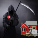 Grim Reaper labeled with Labour logo looming over a buy-to-let house model symbolizing property market decline
