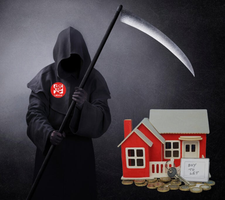 Grim Reaper labeled with Labour logo looming over a buy-to-let house model symbolizing property market decline