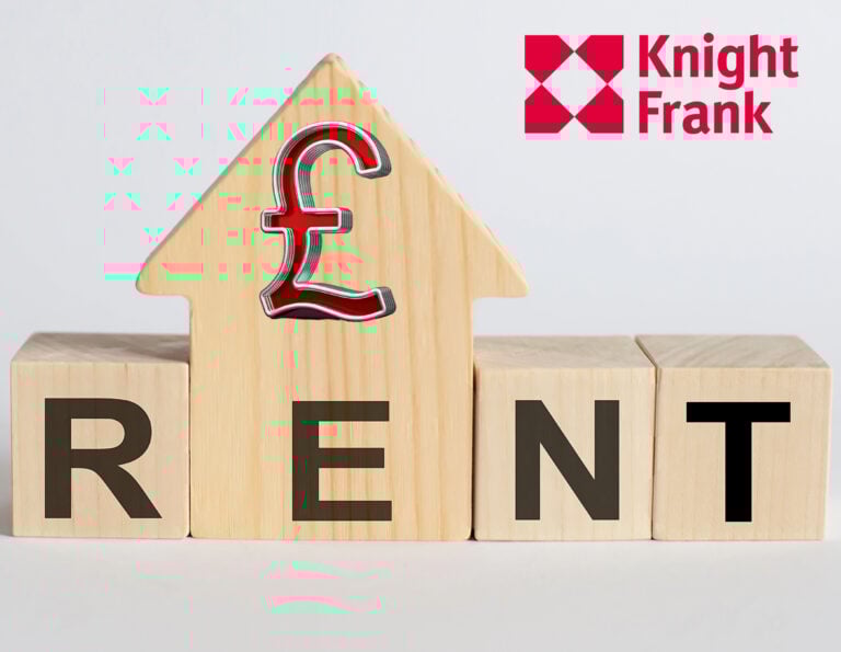 Wooden house-shaped block with pound symbol and the word RENT beside Knight Frank logo.