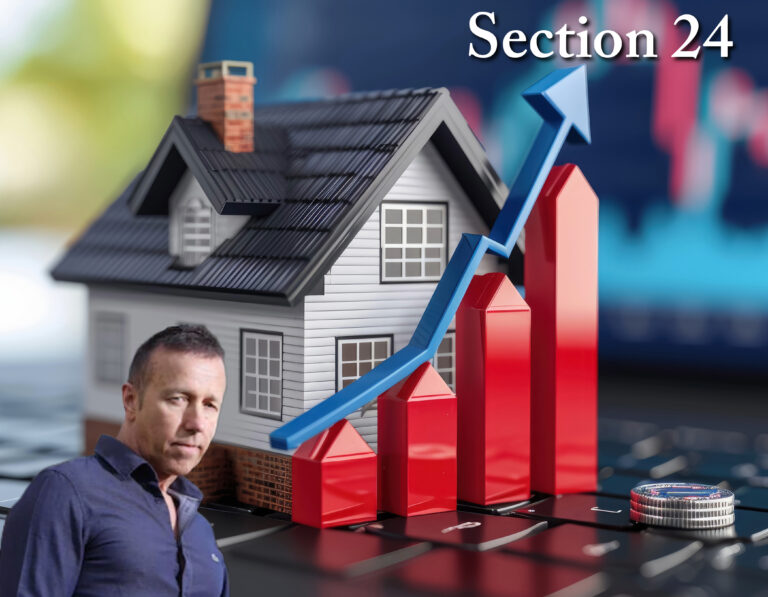 Model house with rising bar graph and landlord representing impact of Section 24 on rent prices