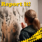 Tenant inspecting severe damp and mould on a wall, urging residents to report housing issues.