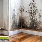 Black mould spreading on damp wall and skirting board in a Nottingham home.