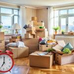Living room filled with packed moving boxes and a red alarm clock symbolizing urgency during tenant move-out.