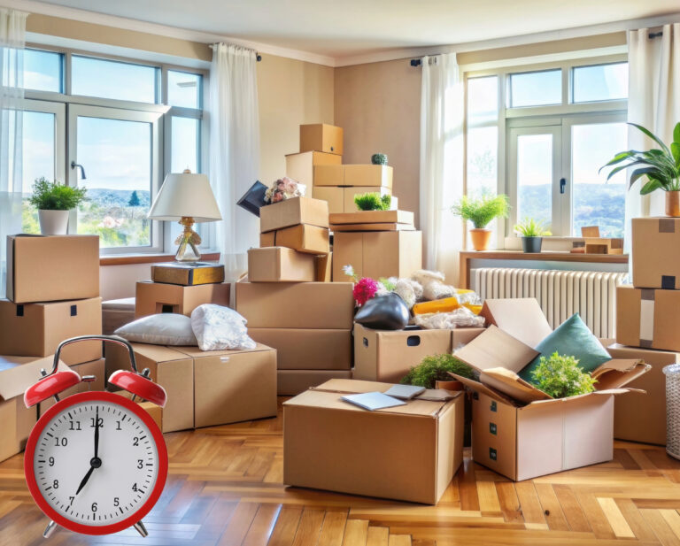 Living room filled with packed moving boxes and a red alarm clock symbolizing urgency during tenant move-out.