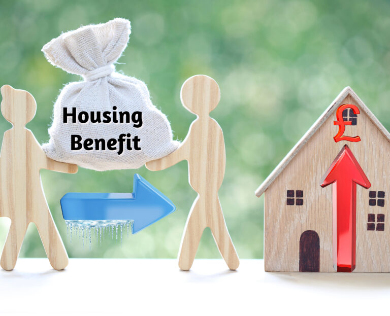 Wooden figures exchange housing benefit bag with house showing rising costs
