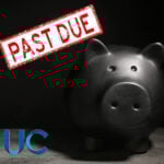 Black piggy bank under a red “Past Due” stamp symbolizing unpaid rent or arrears.