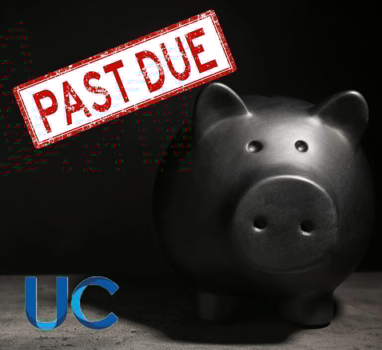 Black piggy bank under a red “Past Due” stamp symbolizing unpaid rent or arrears.