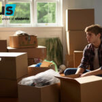Student surrounded by moving boxes representing housing struggles highlighted by NUS survey.
