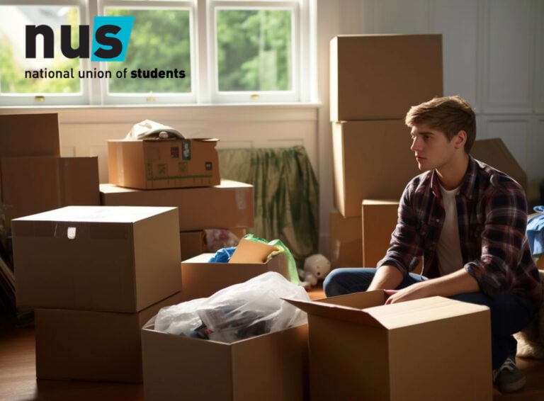 Student surrounded by moving boxes representing housing struggles highlighted by NUS survey.