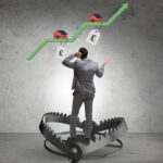 Man trapped in a bear trap watching rising UK house prices and rent costs climb.