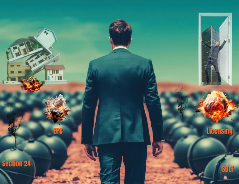 Landlord facing housing and tax challenges symbolised by explosions labeled Section 24, EPC, Licensing, and SDLT