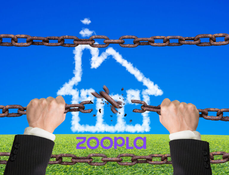 Hands breaking chains with Zoopla logo and house-shaped cloud symbolizing freedom in the property market