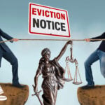 Landlord and tenant in legal tug of war over eviction notice with Lady Justice in the middle.