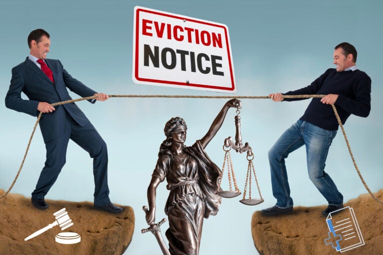 Landlord and tenant in legal tug of war over eviction notice with Lady Justice in the middle.