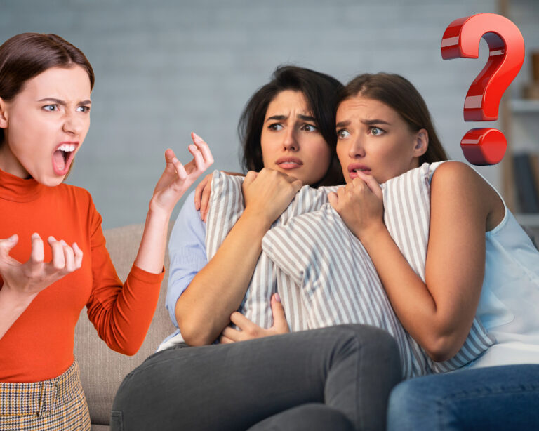 Two worried tenants cling to pillows as another angrily shouts, symbolizing conflict in shared student housing.