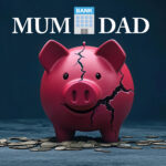 Cracked piggy bank with coins symbolising financial strain on parents helping children buy homes