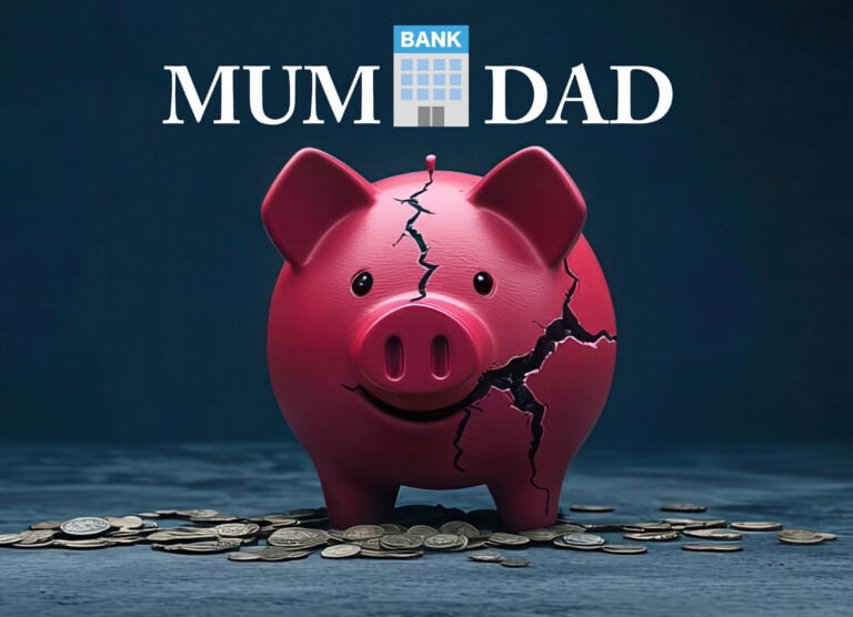 Cracked piggy bank with coins symbolising financial strain on parents helping children buy homes