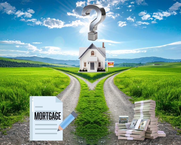 House for sale with mortgage paperwork and cash stack symbolizing mortgage options for property investors
