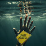 Hand reaching out underwater holding a sign labeled Family Business, symbolizing struggling landlords
