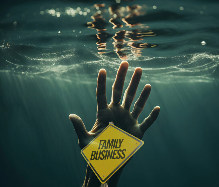 Hand reaching out underwater holding a sign labeled Family Business, symbolizing struggling landlords