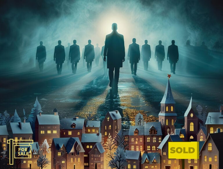 Silhouettes of landlords walking away as houses below show for sale and sold signs.