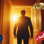 Businessman walking through doorway into bright 2025 housing market with sold sign