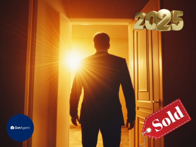 Businessman walking through doorway into bright 2025 housing market with sold sign