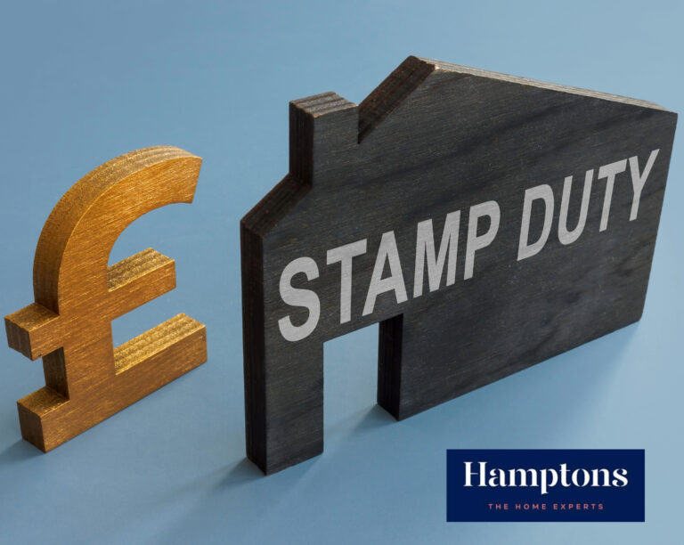 Wooden house shape with "Stamp Duty" beside a gold pound sign symbolising property tax costs.