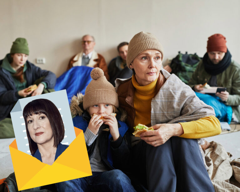 Families in a shelter eating food while facing homelessness funding cuts.