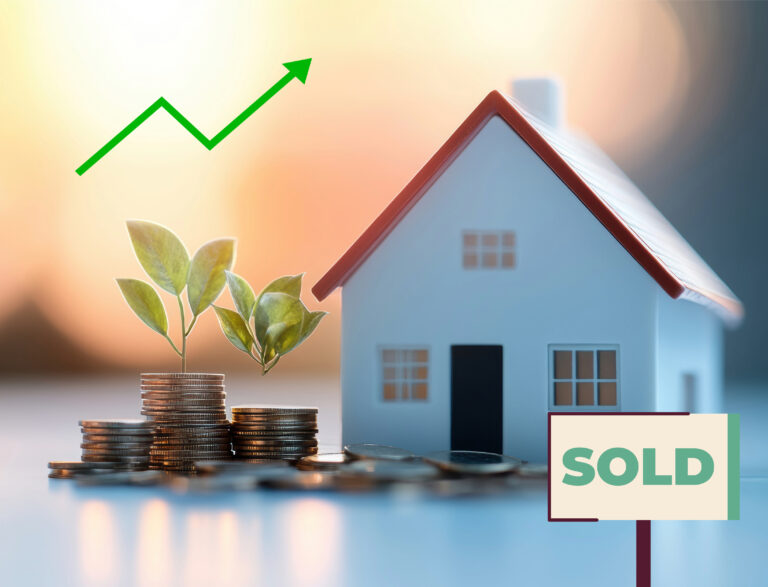 Stacks of coins with plants beside a model house and sold sign, symbolizing rising house prices.