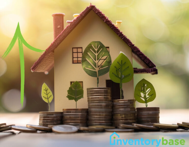 Model house with coin stacks and green leaves symbolizing rising rental yields in England