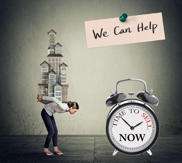 Stressed landlord burdened with properties beside a clock urging to sell now