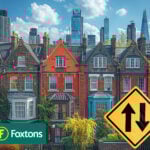 Row of colourful London terraced houses with city skyscrapers in the background, reflecting rental market trends