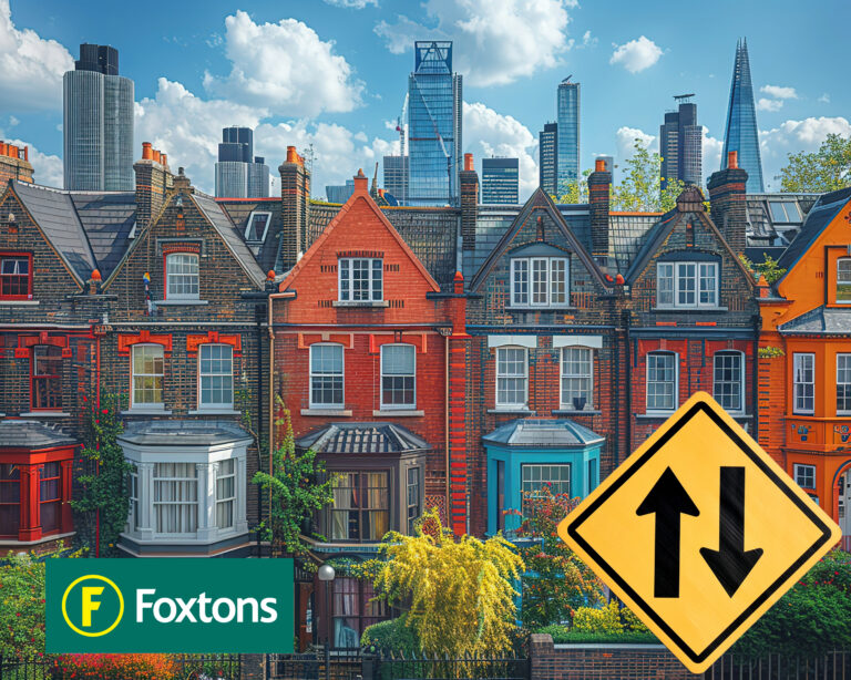 Row of colourful London terraced houses with city skyscrapers in the background, reflecting rental market trends