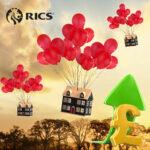 Houses lifted by red balloons symbolising rising UK property prices with pound sign and upward arrow.