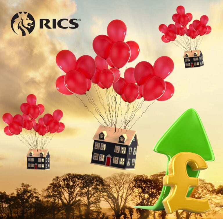 Houses lifted by red balloons symbolising rising UK property prices with pound sign and upward arrow.