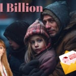 Father and children in winter coats with eviction notice symbol and £1 billion headline