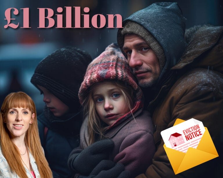 Father and children in winter coats with eviction notice symbol and £1 billion headline
