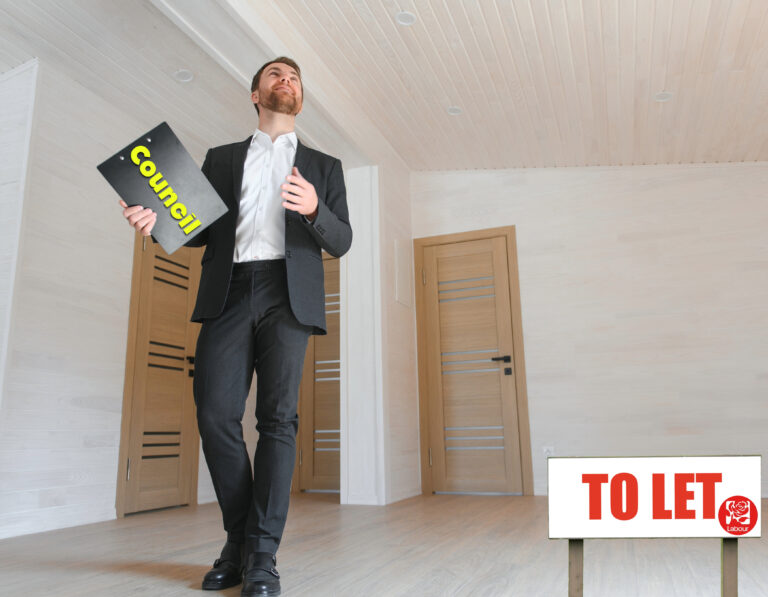 Council officer inspecting empty property with 'To Let' sign