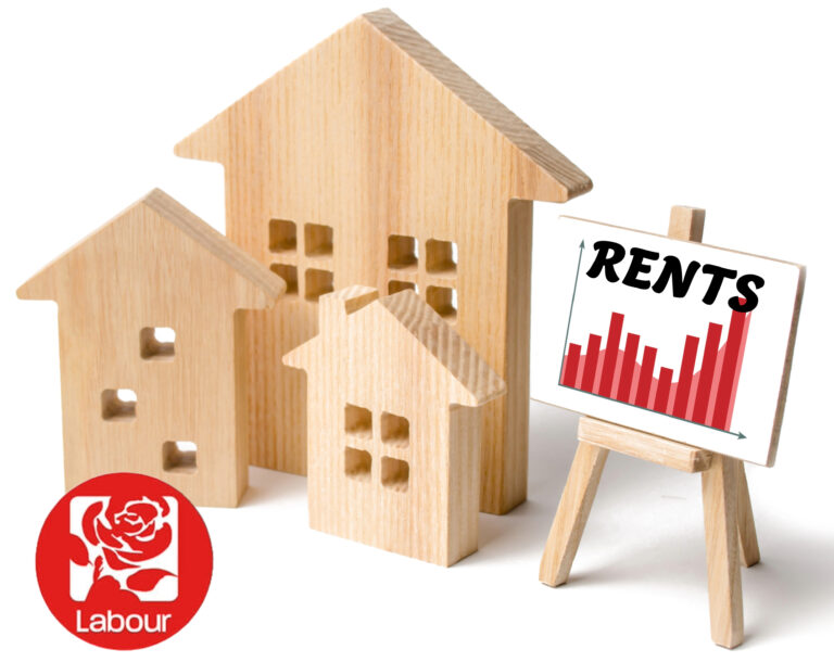 Wooden houses with rising rent chart and Labour Party logo.
