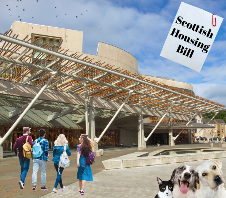 Students and pets outside the Scottish Parliament with focus on the Scottish Housing Bill.