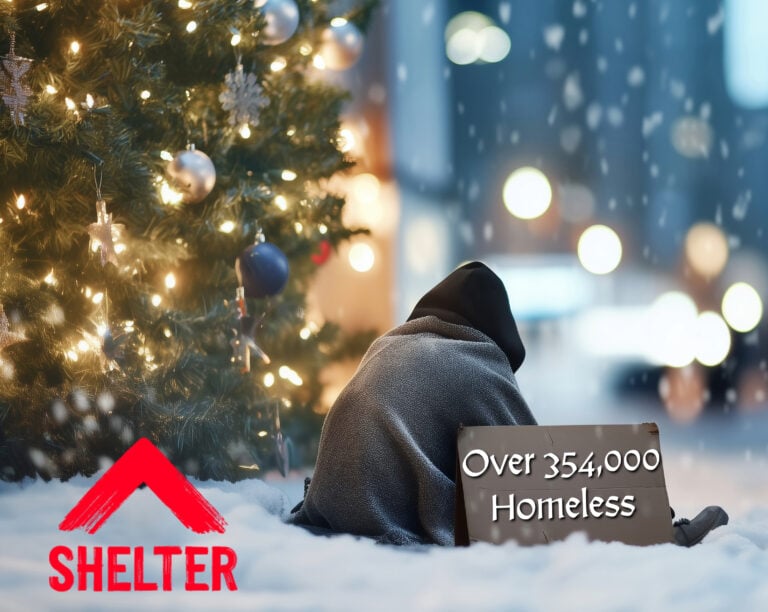 Person huddled in blanket near Christmas tree highlighting homelessness crisis