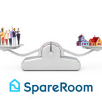 Scale balancing groups of people against houses, symbolizing supply and demand in the rental market