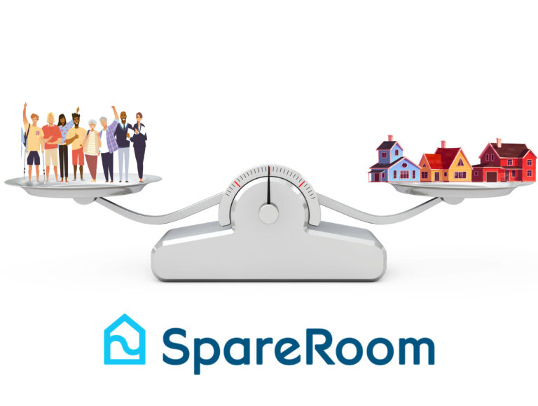 Scale balancing groups of people against houses, symbolizing supply and demand in the rental market