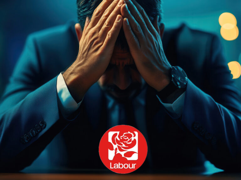 Landlord in despair with Labour Party logo symbolizing regret over political choice