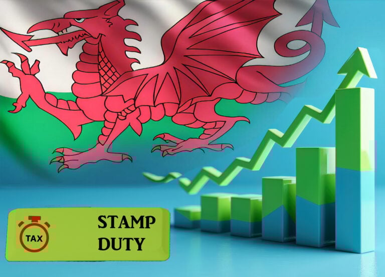 Welsh flag with rising bar chart symbolising stamp duty tax increase on landlords