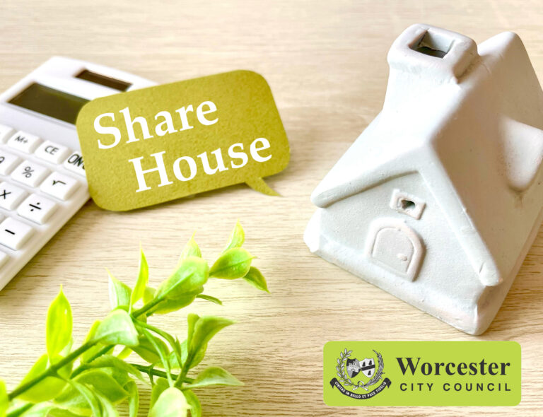 Miniature house, calculator, and Worcester City Council logo highlighting shared housing scheme